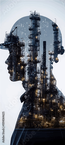 Double exposure of an industrial worker with refinery structures, highlighting the power of human engineering and industry.