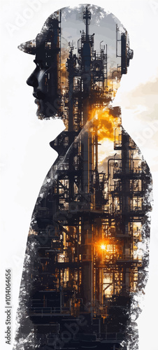 Sunset double exposure of an engineer with refinery structures, symbolizing energy and innovation in modern industry.