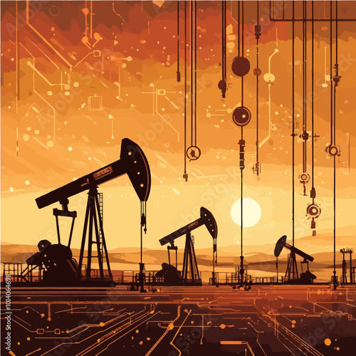 Silhouette illustration of oil pumps set against a tech-inspired background, blending industrial and digital themes. Ideal for energy and industry-related designs.