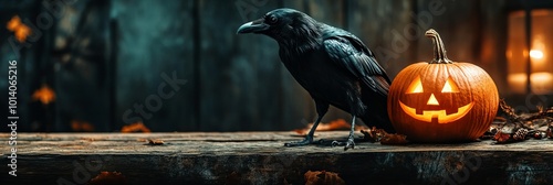 halloween theme background with a black raven and pumpkins, high resolution with copy space