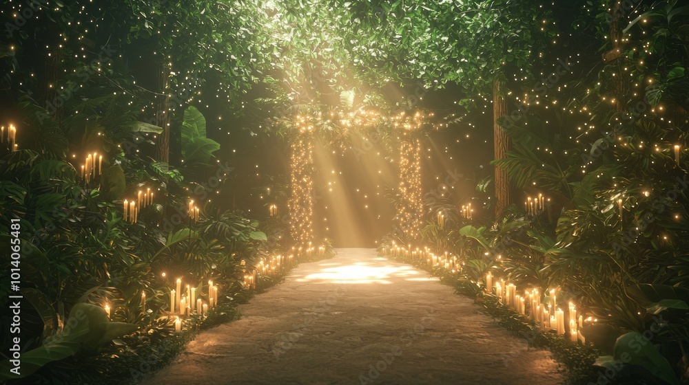 Enchanted Evening Wedding: Ray Tracing Epic Scene with Candlelight and Fairy Lights in Lush Greenery Setting Enchanted Evening Wedding: Ray Tracing Epic Scene with Candlelight and Fairy Lights in Lush Greenery Setting