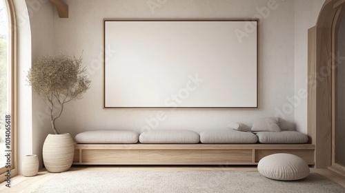 Modern Living Room Interior Featuring a Wooden Sideboard and a Blank Framed Canvas on the Wall, Showcasing a Neutral Color Palette and Minimalist Design for a Cozy Home Atmosphere.