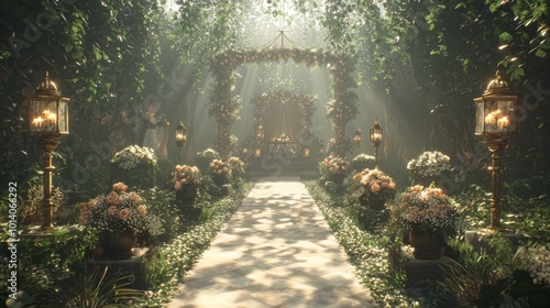 Enchanted Garden Wedding: Ray Tracing Concept Art of a Serene Pathway adorned with Lanterns and Flowers Towards an Elegant Altar photo