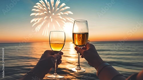 Toast to a stunning sunset as fireworks light up the sky over the tranquil ocean. Enjoy a moment of joy and celebration while savoring champagne on a warm evening.