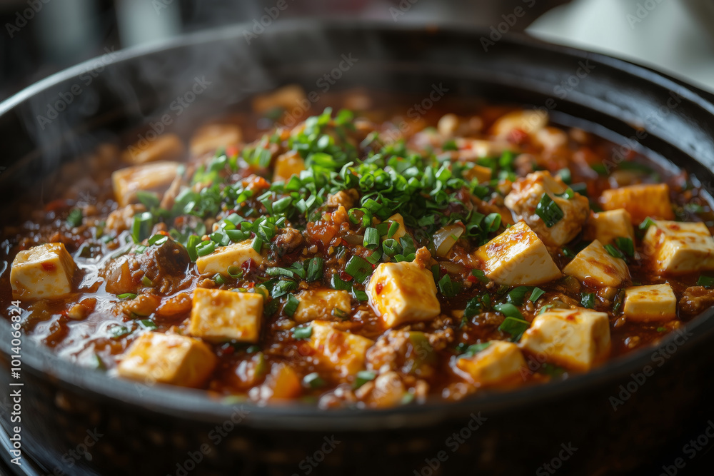 Savoring the spicy richness of Mapo Tofu served in a cozy Sichuan eatery during a warm evening gathering Savoring the spicy richness of Mapo Tofu served in a cozy Sichuan eatery during a warm evening gathering