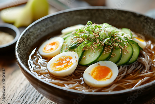 Refreshing naengmyeon served in a beautiful bowl with cucumber, green onions, and soft boiled eggs on a warm summer day