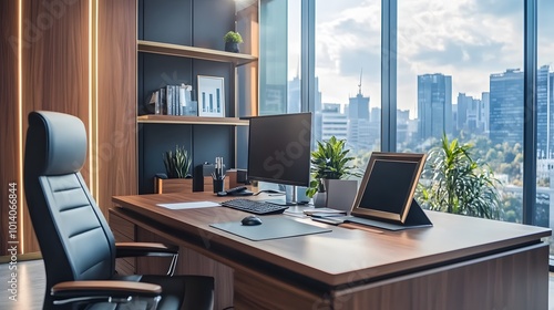 Wallpaper Mural Stylish CEO office interior showcasing a well-organized desk with a PC desktop, a shelf near the window, and a mockup frame Torontodigital.ca