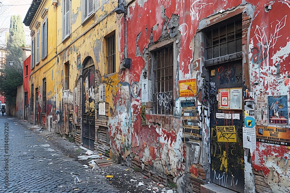 Fototapeta premium Ta wąska ulica w dzielnicy historycznej ma kolorowe, zniszczone ściany ozdobione graffiti. Śmieci rozrzucone po ziemi podkreślają miejski rozkład i lokalny charakter
