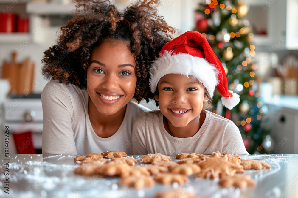 Happy African American mother and baby boy wearing Santa Claus hats baked gingerbread cookies for Christmas table in kitchen Happy African American mother and baby boy wearing Santa Claus hats baked gingerbread cookies for Christmas table in kitchen