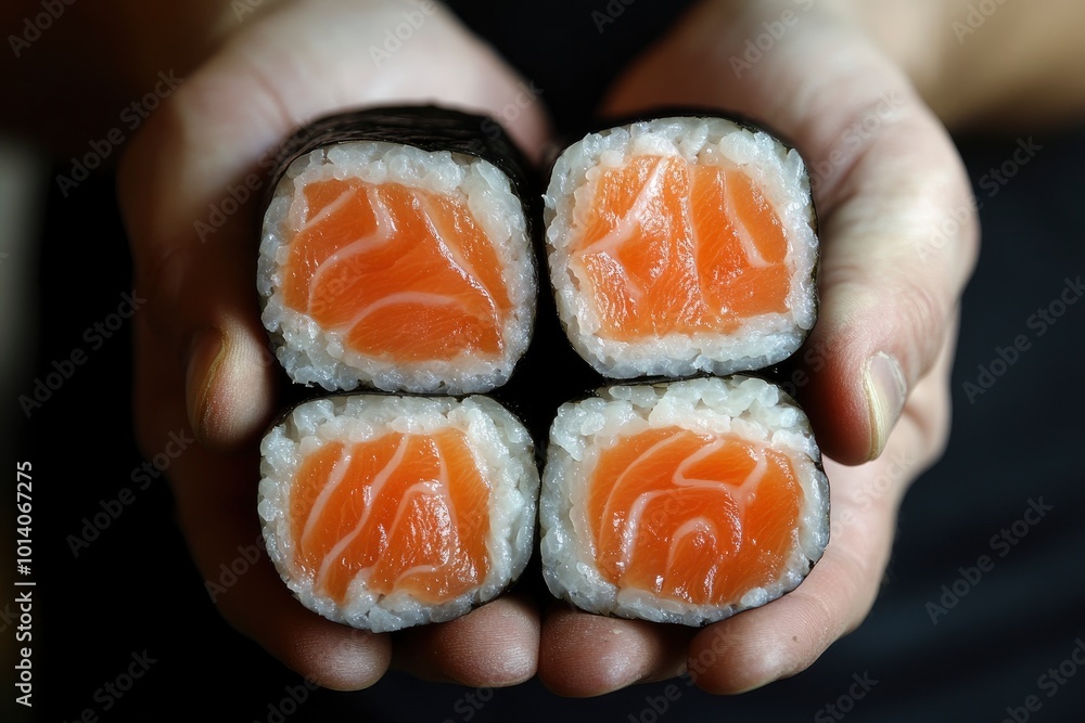Holding salmon Sushi rolls - Japanese food - generative ai Holding salmon Sushi rolls - Japanese food - generative ai