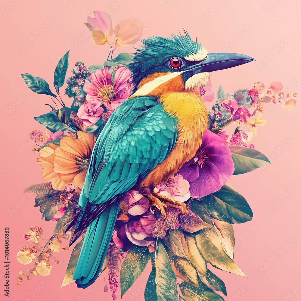 Obraz premium A beautiful illustration of an exotic bird surrounded by flowers, pink background with intricate floral patterns.