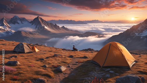 Atop a windswept plateau, trekkers camp beneath a canvas of swirling clouds, their tents anchored against the gusts as they await a breathtaking sunrise, Generative AI photo