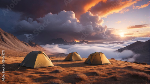 Atop a windswept plateau, trekkers camp beneath a canvas of swirling clouds, their tents anchored against the gusts as they await a breathtaking sunrise, Generative AI photo