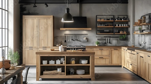 Wallpaper Mural Stylish home kitchen interior with wooden cooking cabinets and a panoramic window, showcasing a modern and elegant cooking space Torontodigital.ca