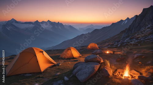 Atop a windswept ridge, mountaineers huddle in bivouac sacks, their makeshift shelters providing refuge from the biting wind as they await the dawn, Generative AI