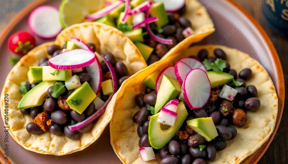Delicious Vegan Black Bean Tacos with Avocado Salsa and Corn Tortillas, a Healthy and Tasty Meal Delicious Vegan Black Bean Tacos with Avocado Salsa and Corn Tortillas, a Healthy and Tasty Meal