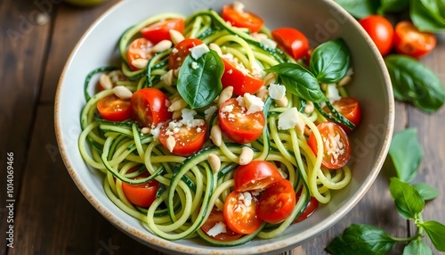 Delicious Zoodle Salad with Cherry Tomatoes and Pesto Dressing, a Healthy and Tasty Meal
