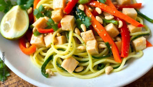 Delicious Zoodle Stir-Fry with Tofu, Bell Peppers, and Peanut Sauce, a Healthy and Tasty Meal photo