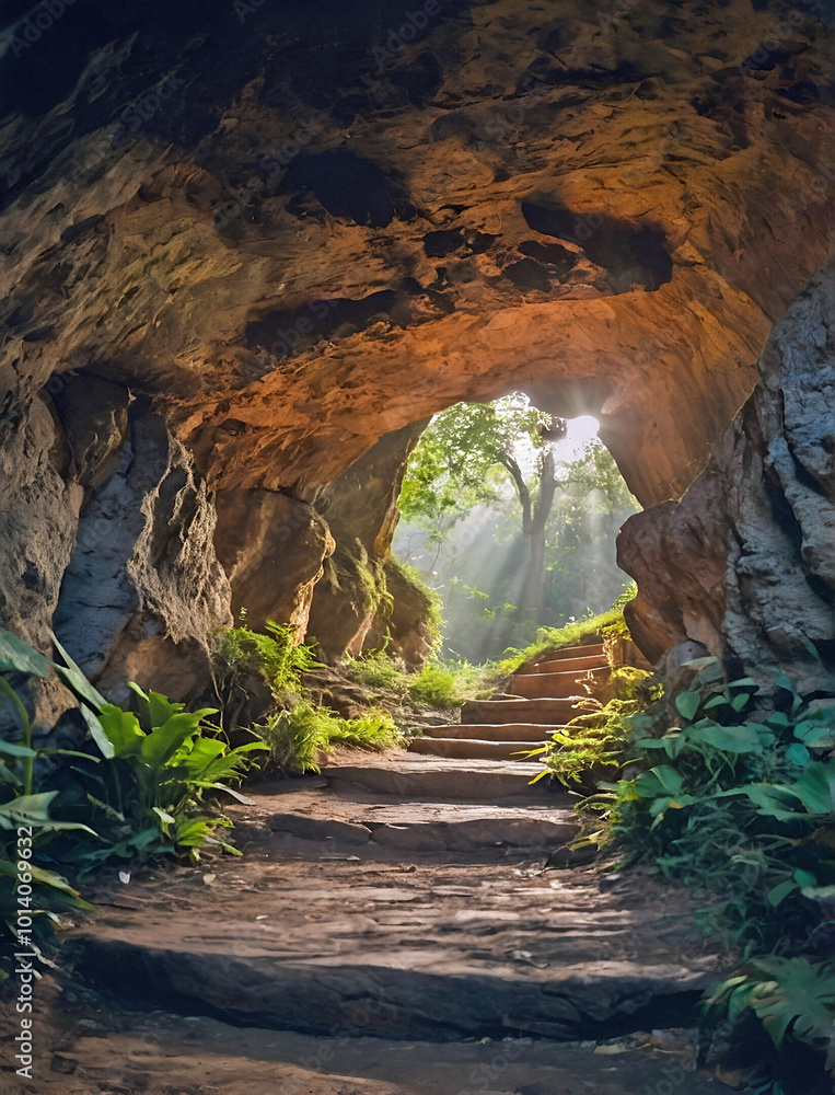 Sunlight Shining Through Lush Greenery At The Entrance Of A Stone Cave With Natural Rock Steps Leading Outside Sunlight Shining Through Lush Greenery At The Entrance Of A Stone Cave With Natural Rock Steps Leading Outside