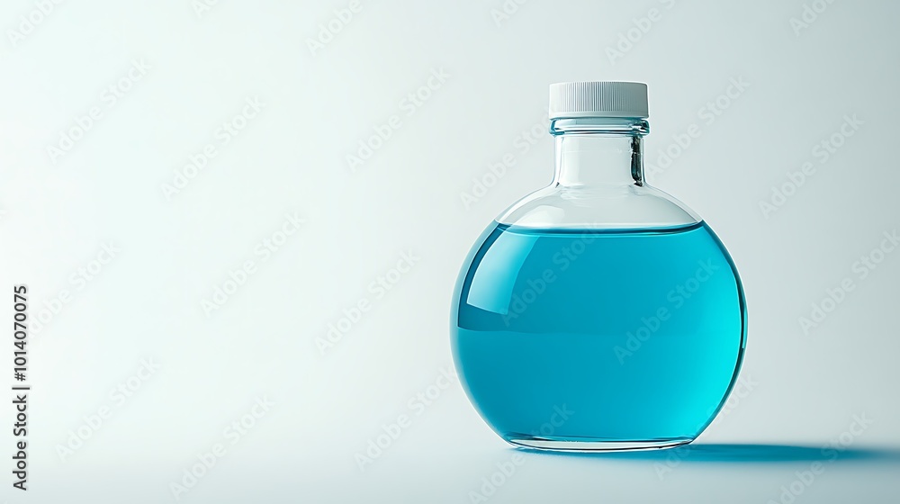 Clear round medicine bottle filled with blue liquid, centered on a neutral white background with space for text around. Clear round medicine bottle filled with blue liquid, centered on a neutral white background with space for text around.