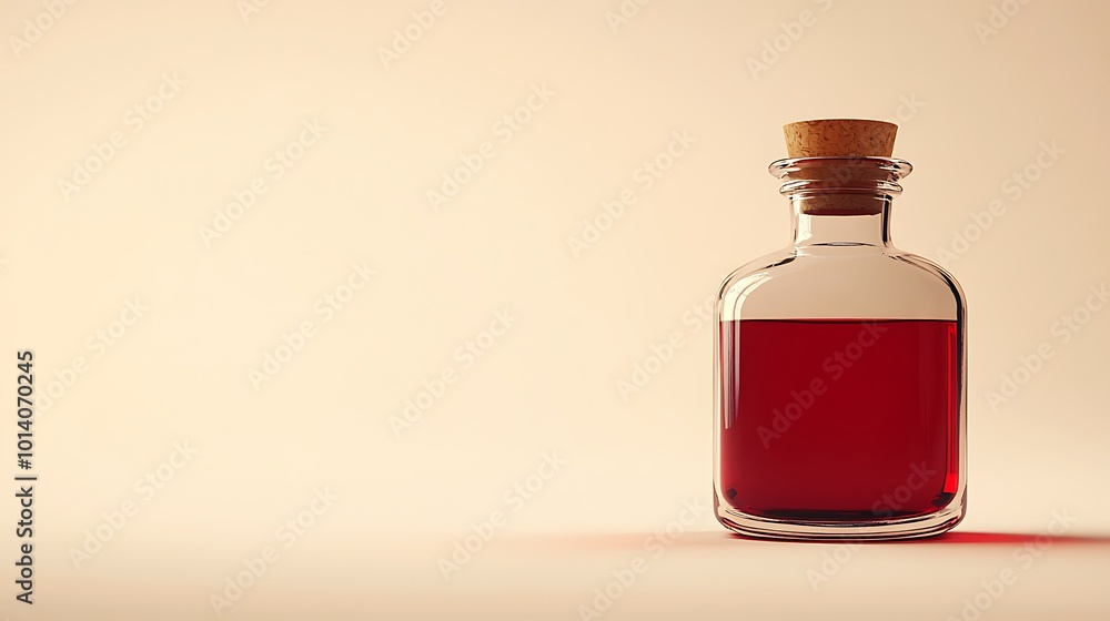 Clear glass medicine bottle filled with red liquid, shown on a beige background with ample copy space. Clear glass medicine bottle filled with red liquid, shown on a beige background with ample copy space.