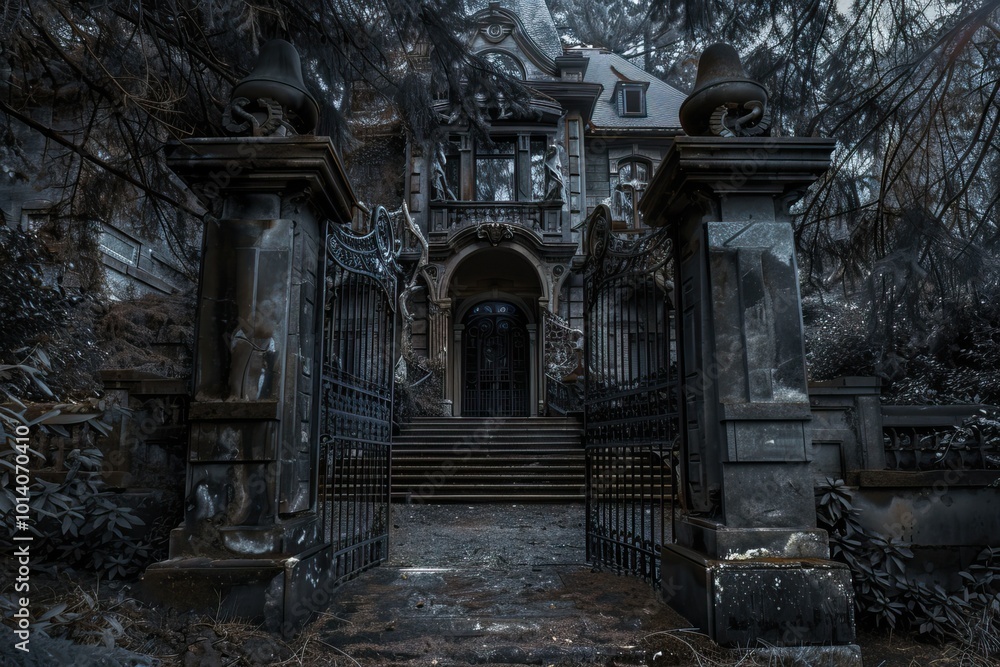 Fototapeta premium Abandoned haunted mansion with a dark and eerie atmosphere behind iron gates