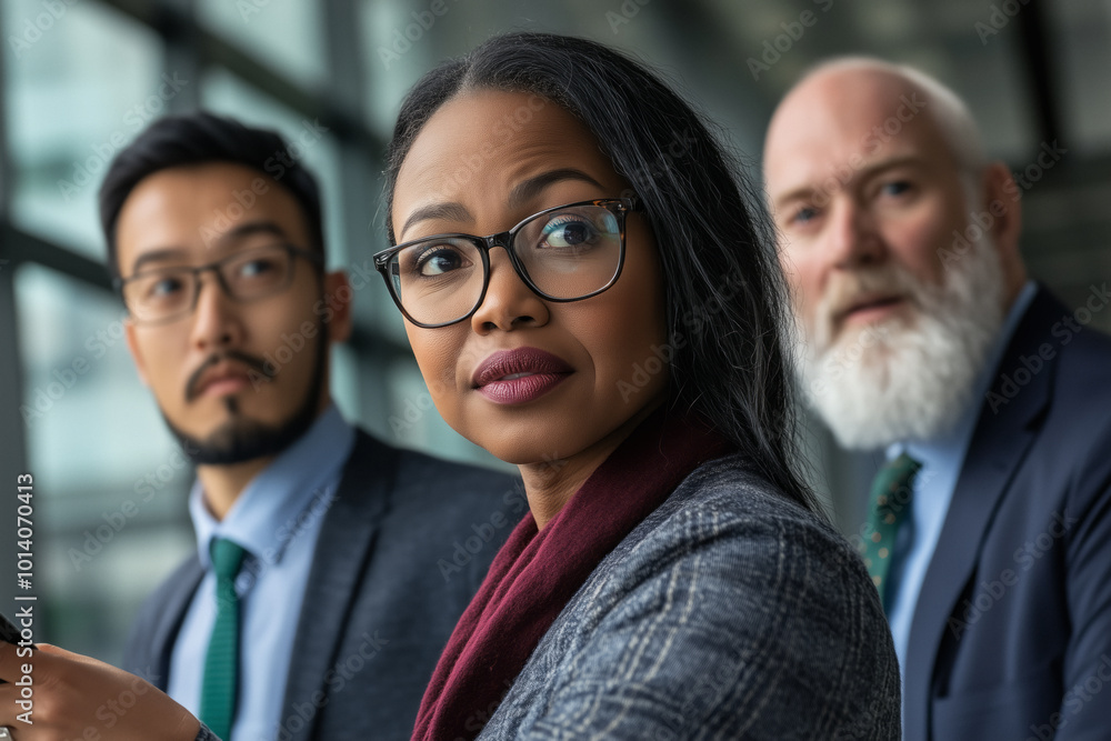 Three diverse professionals in a modern office, including a woman with glasses and two men (one bearded), engaged in serious teamwork, communication, and problem-solving. Three diverse professionals in a modern office, including a woman with glasses and two men (one bearded), engaged in serious teamwork, communication, and problem-solving.