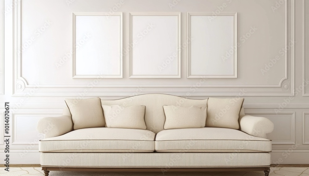 Fototapeta premium Three blank white picture frames hanging on the wall of an elegant living room with a beige sofa, modern interior design