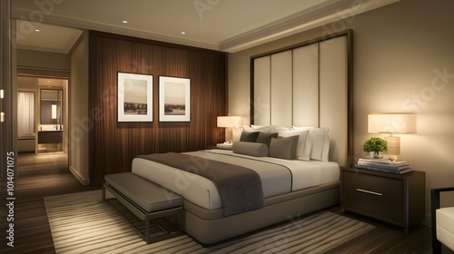 Stylish hotel bedroom interior with a bed  nightstand  and books