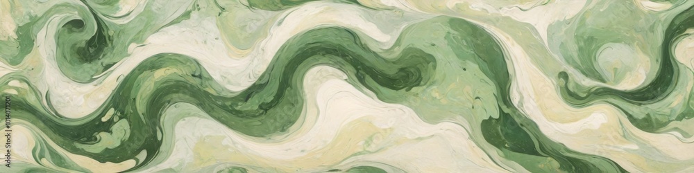 Obraz premium A graceful marbled paper design featuring soft green and cream tones, with gentle curves and lines that evoke a sense of natural harmony, Generative AI