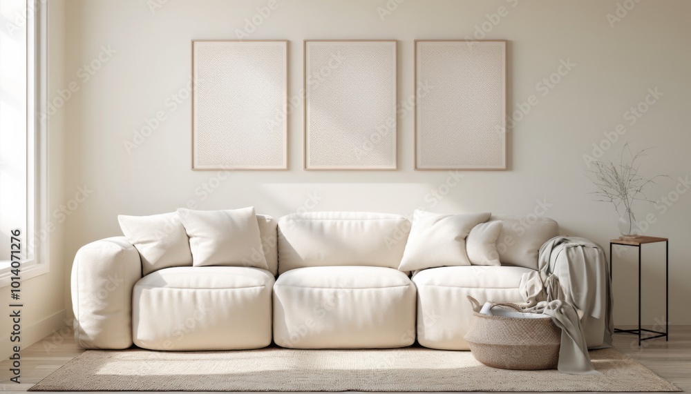 Three blank white picture frames hanging on the wall of an elegant living room with a beige sofa, modern interior design Three blank white picture frames hanging on the wall of an elegant living room with a beige sofa, modern interior design