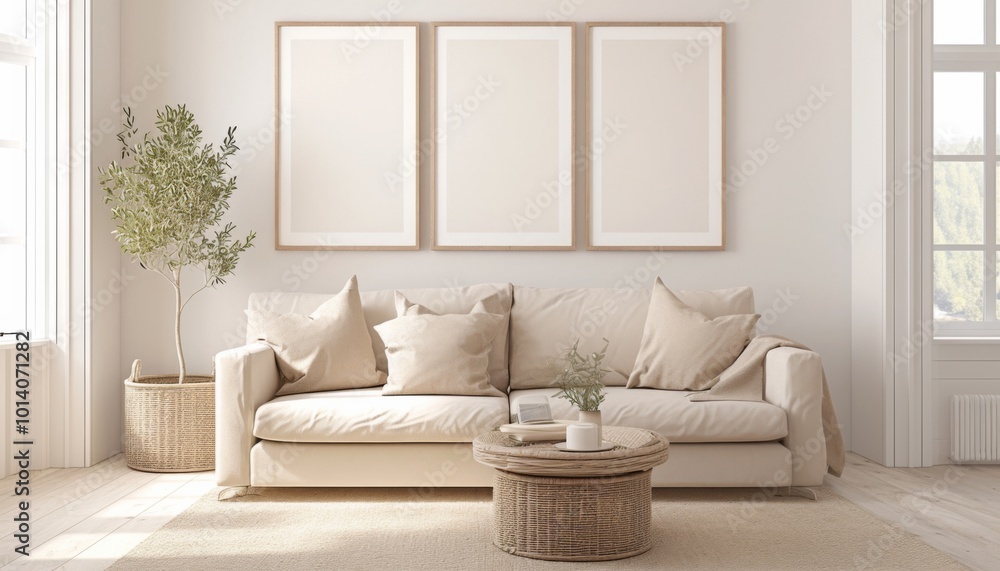 Three blank white picture frames hanging on the wall of an elegant living room with a beige sofa, modern interior design Three blank white picture frames hanging on the wall of an elegant living room with a beige sofa, modern interior design