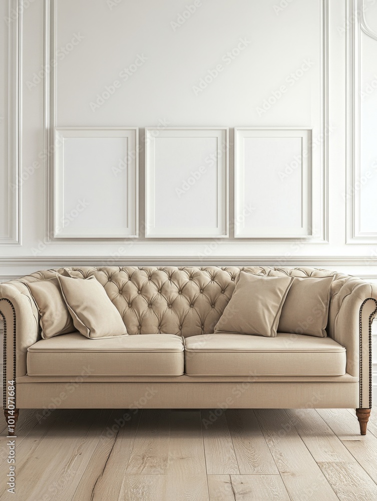 Fototapeta premium Three blank white picture frames hanging on the wall of an elegant living room with a beige sofa, modern interior design
