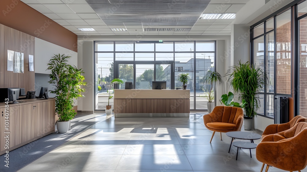 Stylish office interior with a reception desk and chill zone, complemented by a panoramic window Stylish office interior with a reception desk and chill zone, complemented by a panoramic window