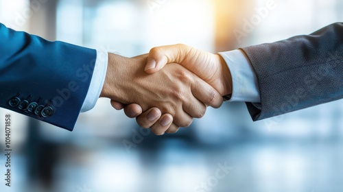 Close-up of two professionals shaking hands in a corporate environment.