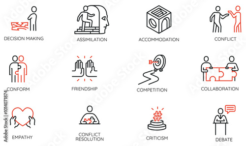 Vector set of linear icons related to type of Communication and Interaction between People. Mono line pictograms and infographics design elements