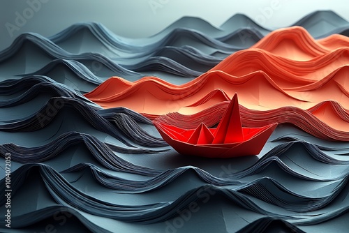 Single origami boat floating on an abstract sea of folded paper waves all rendered in a minimalist design with subtle light reflections photo