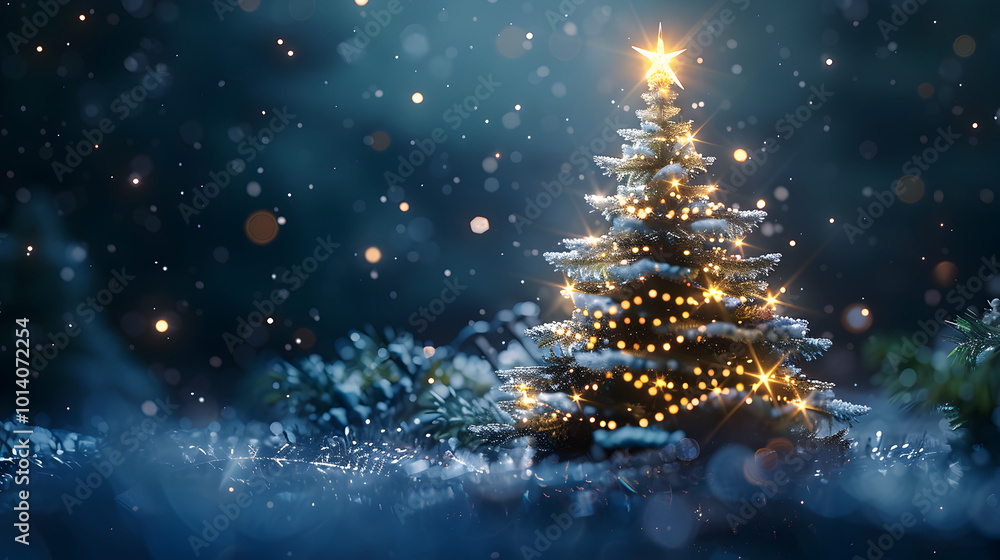 Christmas tree with bright golden garland stands in snow on blue background with glitter and snowflakes from copy space Christmas tree with bright golden garland stands in snow on blue background with glitter and snowflakes from copy space