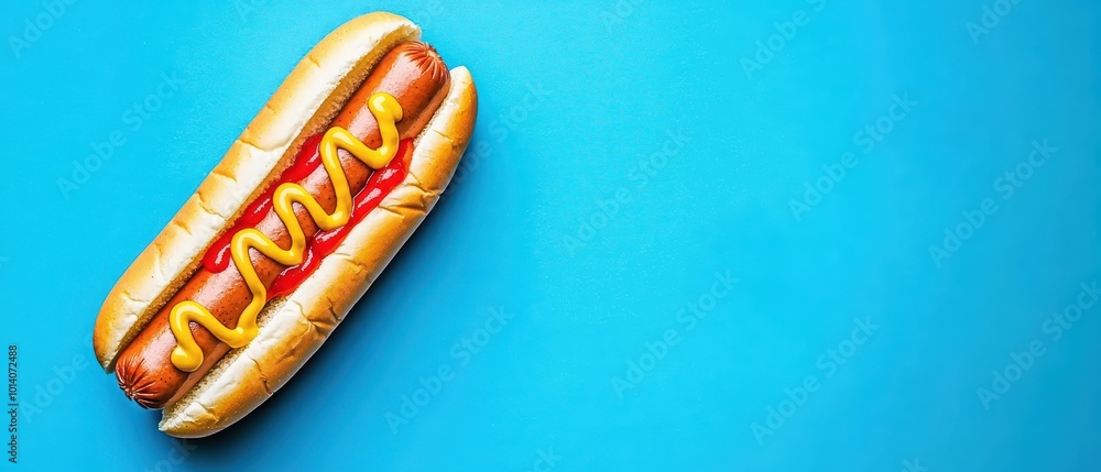 Delicious hot dog with mustard and ketchup on a bright blue background. Delicious hot dog with mustard and ketchup on a bright blue background.