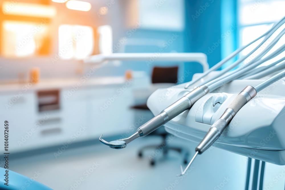 Dental tools on a treatment chair in a modern dentist office setting with bright lighting. Dental tools on a treatment chair in a modern dentist office setting with bright lighting.