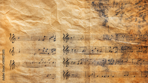 vintage music sheet background with g clef and notes on crumpled paper texture