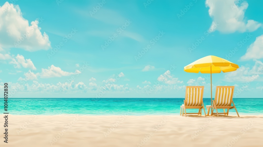 Empty beach scene with two yellow chairs under a sun umbrella, turquoise water, and a clear sky. Empty beach scene with two yellow chairs under a sun umbrella, turquoise water, and a clear sky.