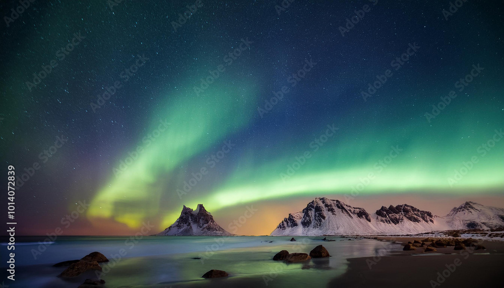 Naklejka premium Cartoon like view of Northern Lights, Aurora Borealis, over mountains and water