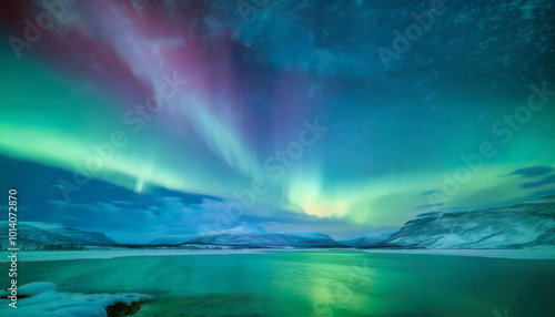 Cartoon like view of Northern Lights, Aurora Borealis, over mountains and water