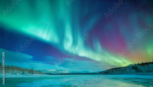 Wallpaper Mural Cartoon like view of Northern Lights, Aurora Borealis, over mountains and water Torontodigital.ca