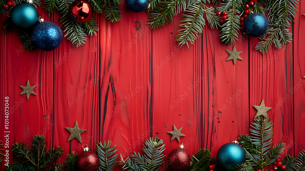 New Year flyer background, fir branches and Christmas balls on red wooden boards background with space for text New Year flyer background, fir branches and Christmas balls on red wooden boards background with space for text