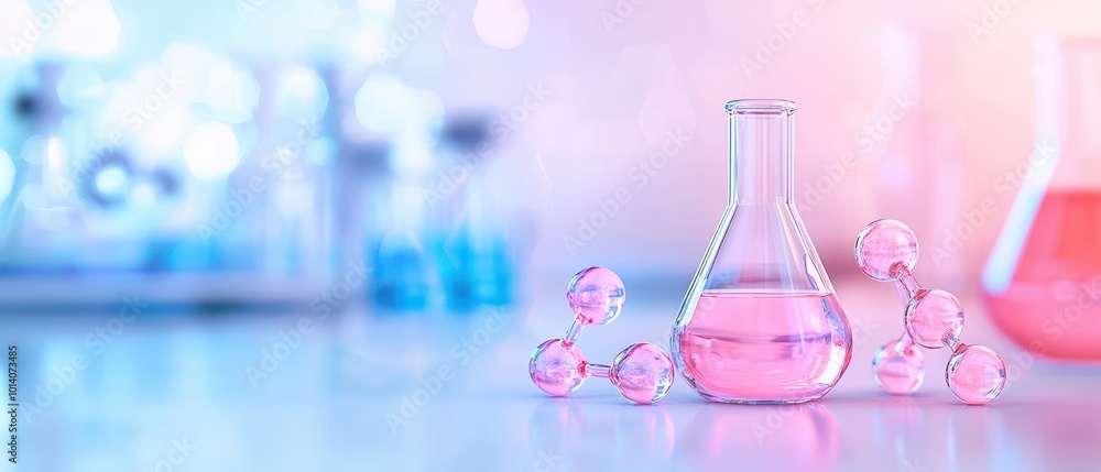 Laboratory glassware filled with pink liquids, scattered molecules on a reflective surface, bright background. Laboratory glassware filled with pink liquids, scattered molecules on a reflective surface, bright background.