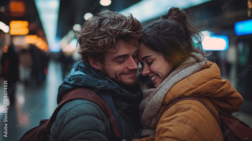 A loving couple shares an intimate moment, embracing in a busy airport terminal. Their warm smiles and cozy winter coats convey a sense of love and happiness amidst the bustling backdrop.