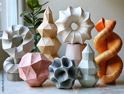 Collection of geometric origami shapes forming a 3D abstract sculpture each shape made from a different color and texture of paper photo