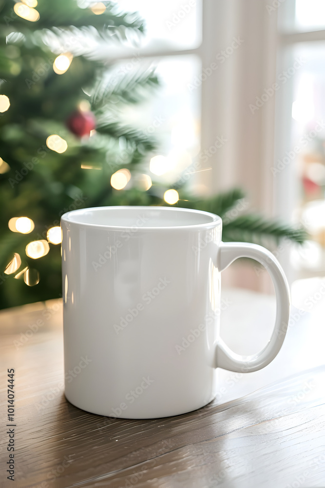 Christmas mockup white mug close up on light Christmas background with bokeh Christmas mockup white mug close up on light Christmas background with bokeh